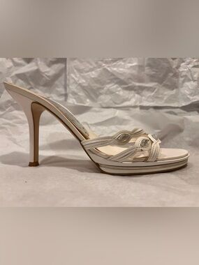 BCBG White Leather Strappy Open-Toe High Heel Sandal with Crystal Accents